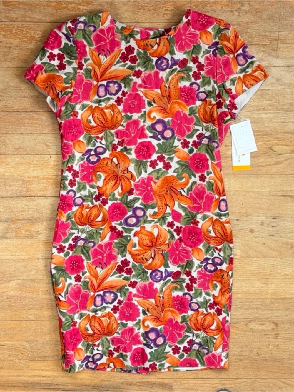 Vintage Colorful Floral 100% Linen Dress Size Medium 90s Tropical Sheath  Classi